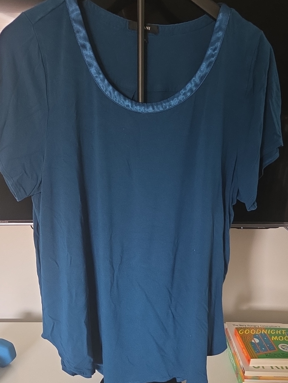 Alfani Teal Short Sleeve Scoop Neck Top with Satin Trim